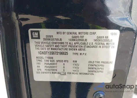 2007 Chevrolet Trailblazer Lt из США, поврежденный, VIN 1GNDT13S672196625